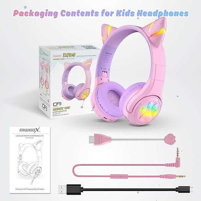 Riwbox CF9 Cat Ear Kids Bluetooth Headphones with LED Light Up,Safe 85dB Volume Limit,Built-in Mic&Boom Mic for Calls,Kids Wireless&Wired Headphones for Tablet/Airplane/School/Online Learning (Purple)