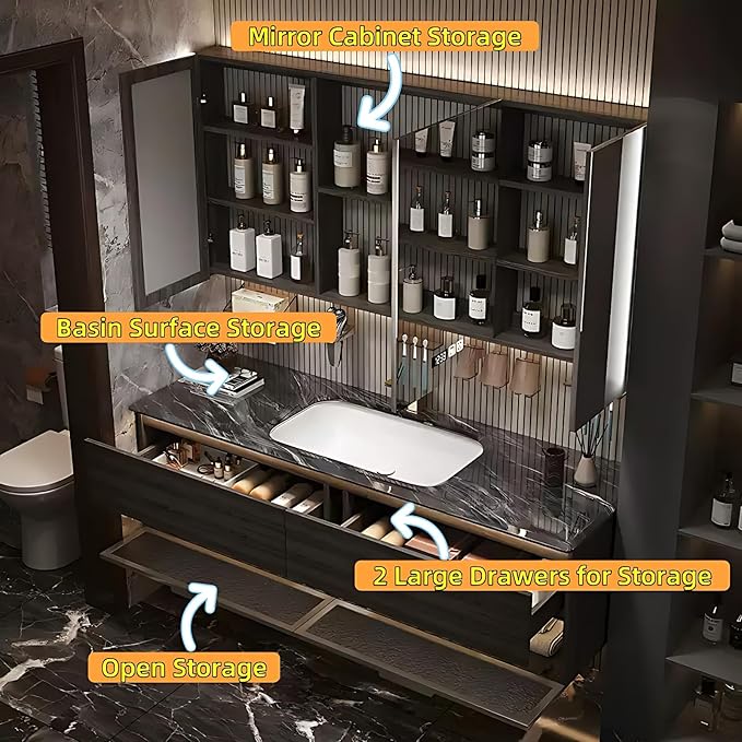 52in Luxury Bathroom Vanities - Bathroom Vanity with Sink, Wall-Mounted Storage with 2 Large Side Cabinets Intelligent Defogging & Led Lights | Multi-Layer Solid Wood