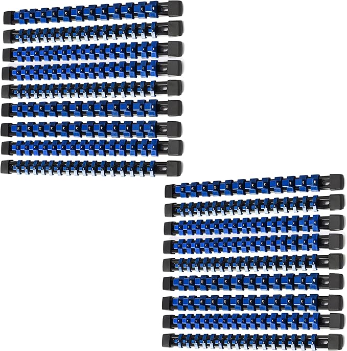 ALOANES 18PC ABS Socket Organizer, Socket Rails Fit 1/2 inch, 3/8 inch and 1/4 inch Drive, toHeavy Duty Socket Holders Hold up to 258 Sockets, Black Rails with Blue Clips