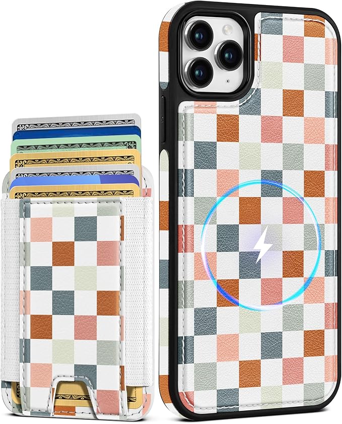 Shorogyt for iPhone 11 Pro Max Wallet Case - Fits 5 Cards, Compatible with Magsafe Detachable Magnetic Credit Card Holder Leather Cardholder Cute Phone Cover Women Girls for Apple 11 ProMax, Checkered