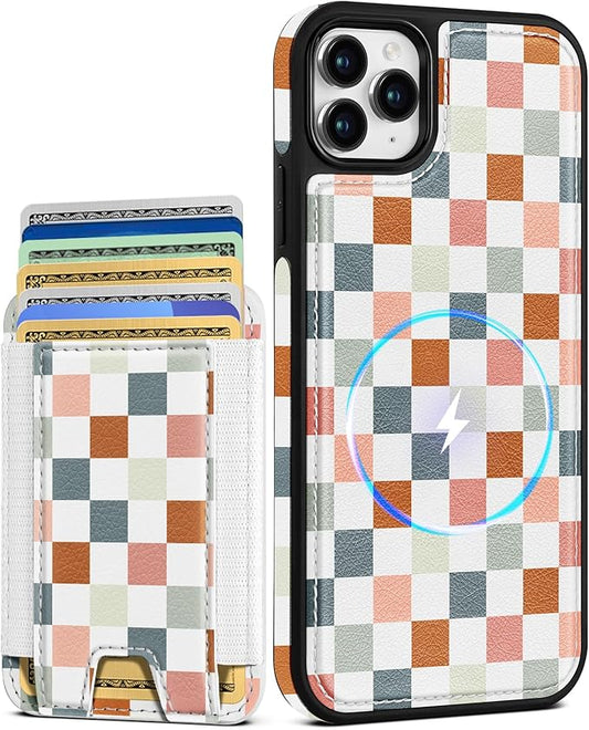 Shorogyt for iPhone 11 Pro Max Wallet Case - Fits 5 Cards, Compatible with Magsafe Detachable Magnetic Credit Card Holder Leather Cardholder Cute Phone Cover Women Girls for Apple 11 ProMax, Checkered