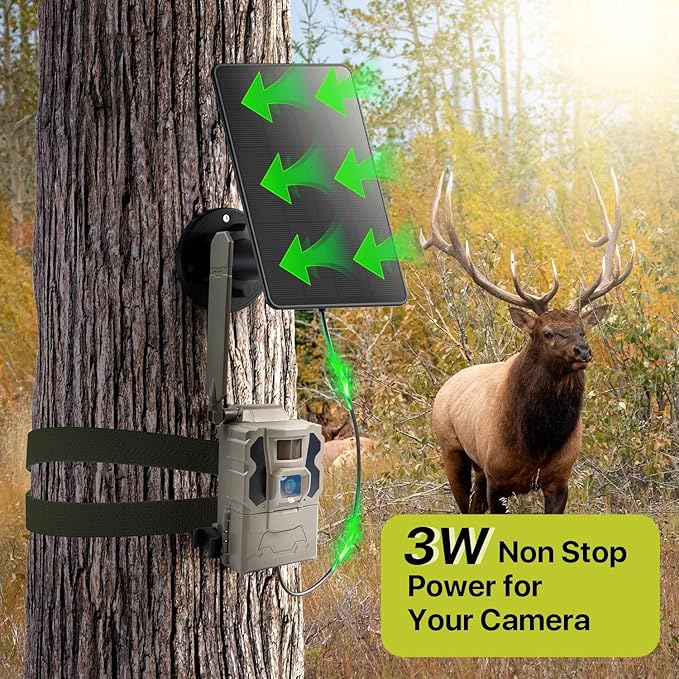 LIYVZ Trail Camera Solar Panel with Bulit-in 5000mAh Battery 2 Pack, 3W Solar Panel for Trail Camera IP66 Waterproof Multi Interfaces with USB-C & DC 6V/9V/12V Output, 360° Adjustable