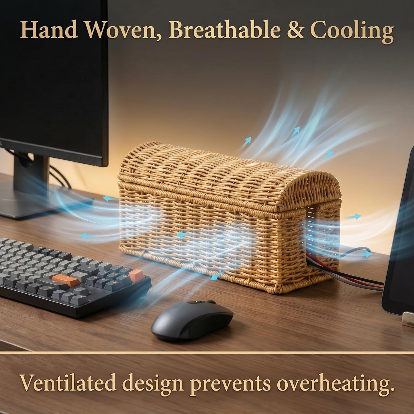Rattan Cable Management Box — Ventilated Cord Hider with Flip Lid