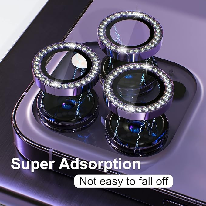 Misea [3+1] for iPhone 14 Pro/iPhone 14 Pro Max Camera Lens Protector Bling, 9H Tempered Glass Camera Cover Screen Protector Metal Individual Ring Protector Decoration Accessories, Purple Diamond