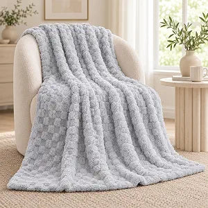 Square Grid Throw Blanket, Soft Plush, 60x80 in, Light Grey - Image 1