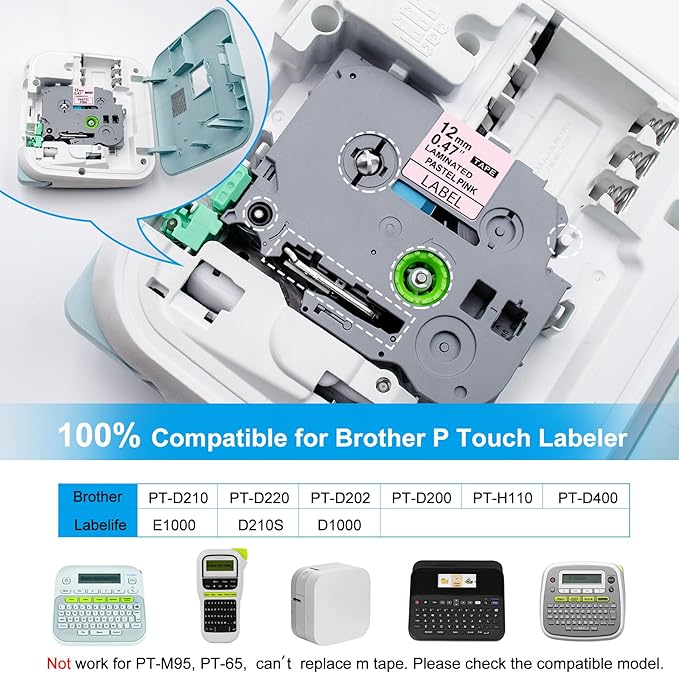 Compatible with Brother Label Maker Tape Pastel Pink Purple Blue, 12mm 0.47 Laminated TZe-231 MQE31 MQF31 MQ531, Multi Color Label Refills for PTouch PTD220 PTD210 PTD400 PT-H100, 4 Pack