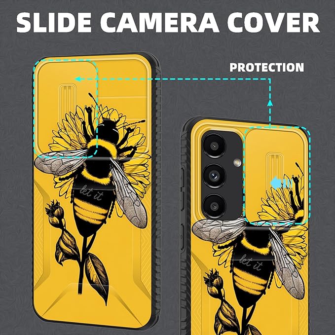 for Galaxy S24 FE Case Built in Slide Camera Lens Cover,Heavy Duty Shockproof Protection Dual Layer Case for Samsung Galaxy S24 FE 5G 6.7" 2024,Honeybee Flower