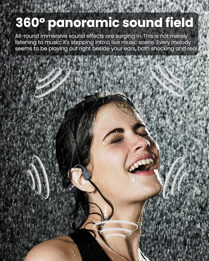 Swimming Headphones - Bone Conduction Bluetooth 6.0 Open Ear Sports Headset, IP68 Waterproof Built-in MP3 Player 32G Memory, for Running, Cycling (Black)