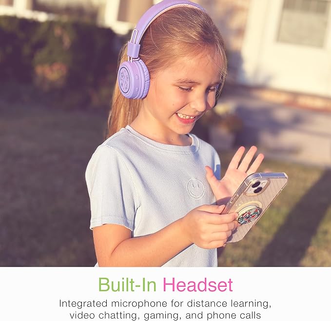 MEE audio KidJamz KJ55BT Personalized Bluetooth Wireless Safe Listening Headphones for Kids w/Custom LED-Backlit Design, Volume Limiter, Mic; Kids Headset for School/iPhone/iPad/Tablet (Lavender)