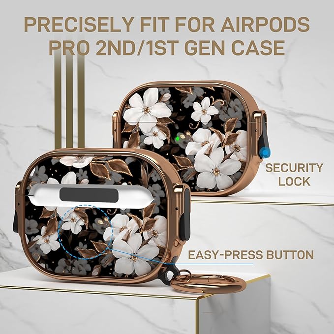 Maxjoy for AirPods Pro 2nd/1st Generation Case with Lock, Cute AirPods Pro 2 Case Lock Protective Hard AirPod Pro Cover for Women Men with Keychain for Airpod Pro (2023/2022/2019), Flower