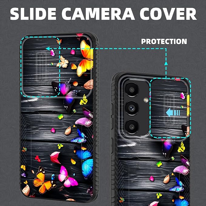 for Galaxy S25 Case Built in Slide Camera Lens Cover,Heavy Duty Shockproof Protection Dual Layer Case for Samsung Galaxy S25 6.2" 2025,Colorful Butterflies on Wooden