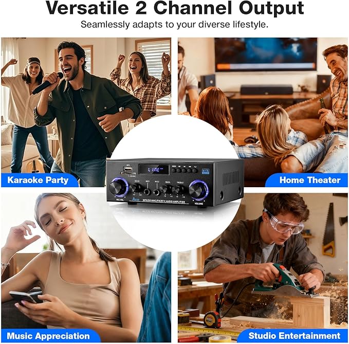 Facmogu AK-50 Bluetooth Stereo Audio Amplifier, RMS 50Wx2 HiFi Sound Stereo Amp Receiver, Remote Control Sound System w/, MP3,USB,SD,AUX, Bass Treble Control for Home Audio, Party, Karaoke, Garages