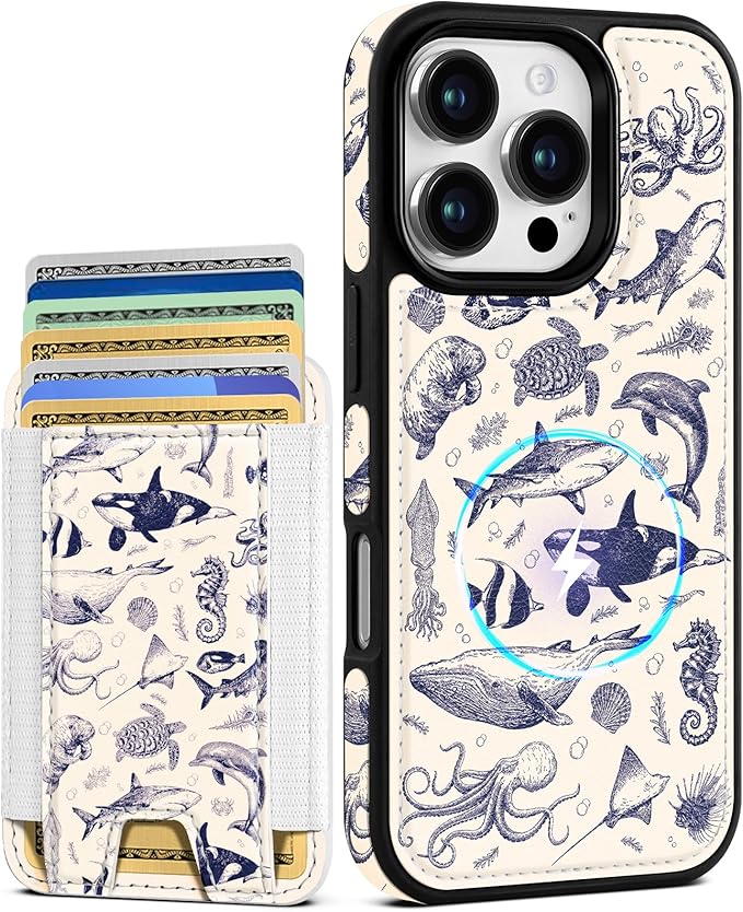 Shorogyt for iPhone 16 Pro Max Case Wallet - Fits 5 Cards, Compatible with Magsafe Detachable Magnetic Credit Card Holder Leather Cardholder Cute Phone Cover Women Girls for Apple 16 ProMax, Sea