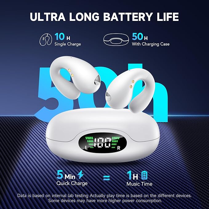 Open Ear Earbuds Wireless Bluetooth 5.3, Flexible Clip On Ear Buds with 50H Playtime LED Display Bone Conduction Headphones, IPX7 Waterproof Light Weight Earbuds Fit for Every Ear (White)