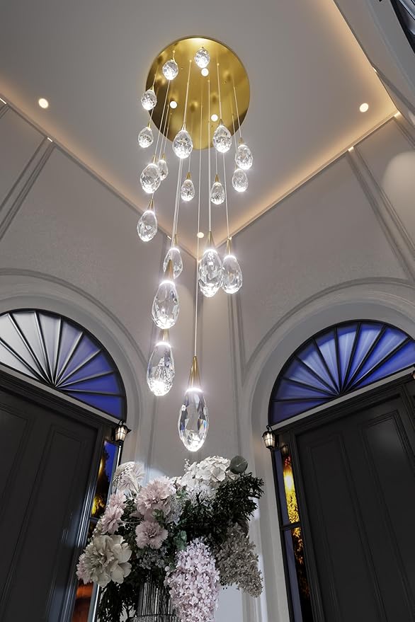 20 Lights Large Chandelie for High Ceiling Gold Pendant Light Fixture with Dimmable Big Crystal Chandelier for Staircase Foyer Villa