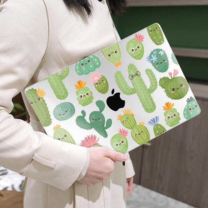MEEgoodo for MacBook Air 13.3 inch Case 2021 2020 2019 2018 A2337 M1 A2179 A1932, Laptop Shell for MacBook Air M1 with Keyboard Webcam Cover & Trackpad Film & Type C Adapter,Smiley Cactus