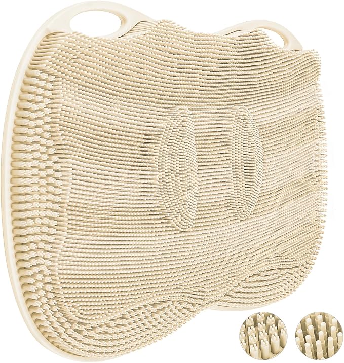 XL Shower Foot Scrubber Mat, Silicone Feet Massage Scrubber in Shower Clean Foot Toes Pad without Bending Non-slip Suction Cups Blood Circulation Exfoliate Smooth Achy Relief 17.4*13.4" Beige