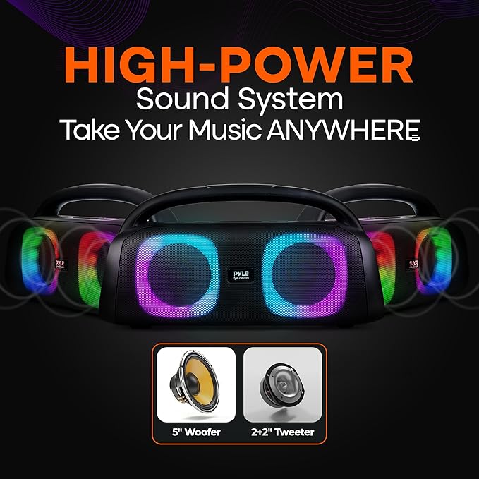 Pyle Portable Bluetooth Speaker Boombox with Dual 5” High-Performance Wireless Speakers, 160W Power, Rechargeable Battery, Mic Priority, USB/Micro SD/AUX/FM Radio, LED Ring Light, Outdoor Speaker