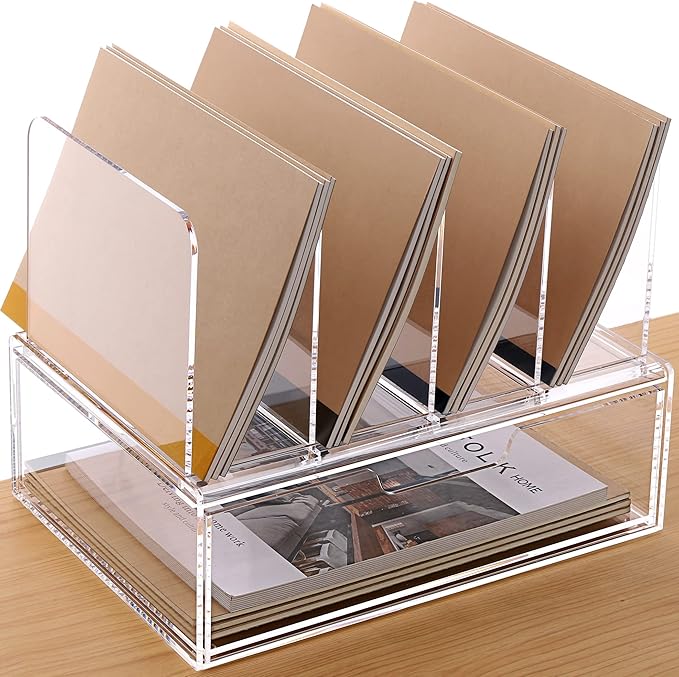 DINGHUO Acrylic Desk Organizer, 4 Sections Upright Sorter Desk Accessories Paper File Organizer with Drawer Letter Tray, Clear Office Supplies - 1 Pack
