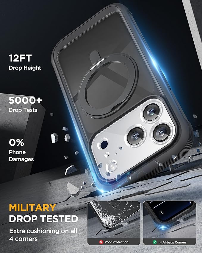 Miracase for iPhone 17 Pro Case with 360 Spin Magnetic Stand, Full-Body Phone Case with Built-in Glass Screen Protector & Camera Control, Drop Proof iPhone 17 Pro Cover, Black