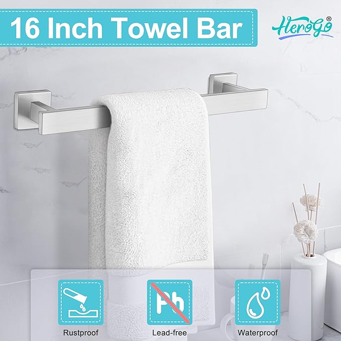 Herogo 5 Pieces Bathroom Accessories Set, Brushed Nickel 16 Inch Bathroom Hardware Bath Towel Bars Set for Wall Mounted, Including Stainless Steel Toilet Paper Holder, Hand Towel Racks, Hooks & Ring