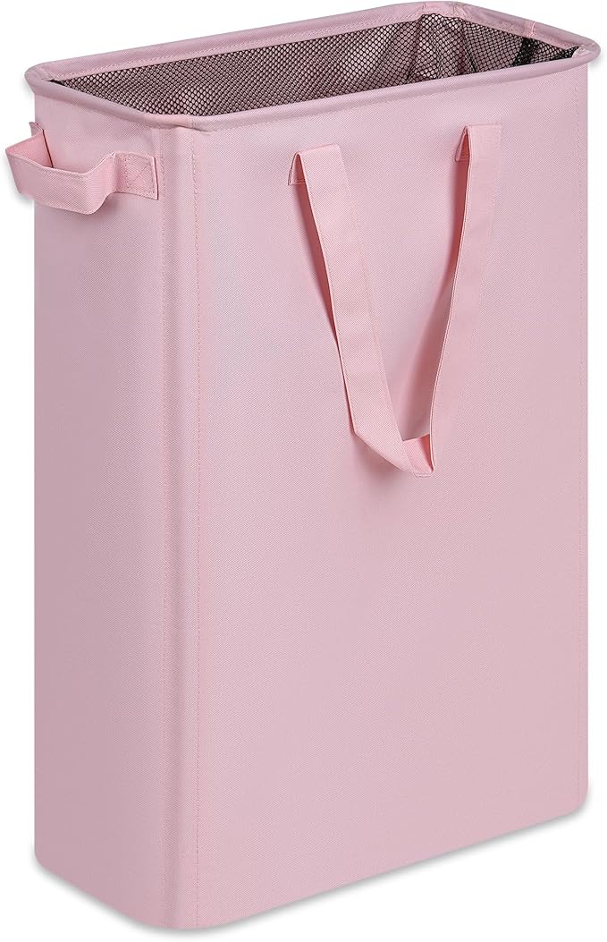 efluky Laundry Basket, Dirty Clothes Basket with Handles, Foldable Laundry Basket for Clothes, Tall Laundry Basket for Laundry Room, Dorm and Bedroom, 12.7 Gallons(48L) Pink, 48HP_24BK