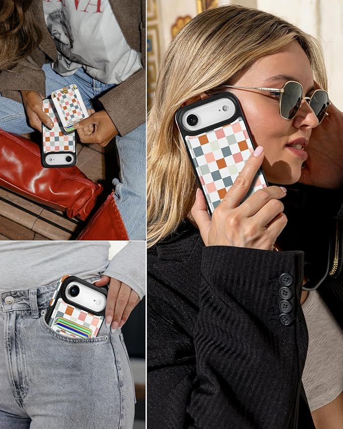 Shorogyt for iPhone Air Wallet Case - Fits 5 Cards, Compatible with Magsafe Detachable Magnetic Credit Card Holder Leather Cardholder Cute Phone Cover Women Girls for Apple 17 Air, Checkered