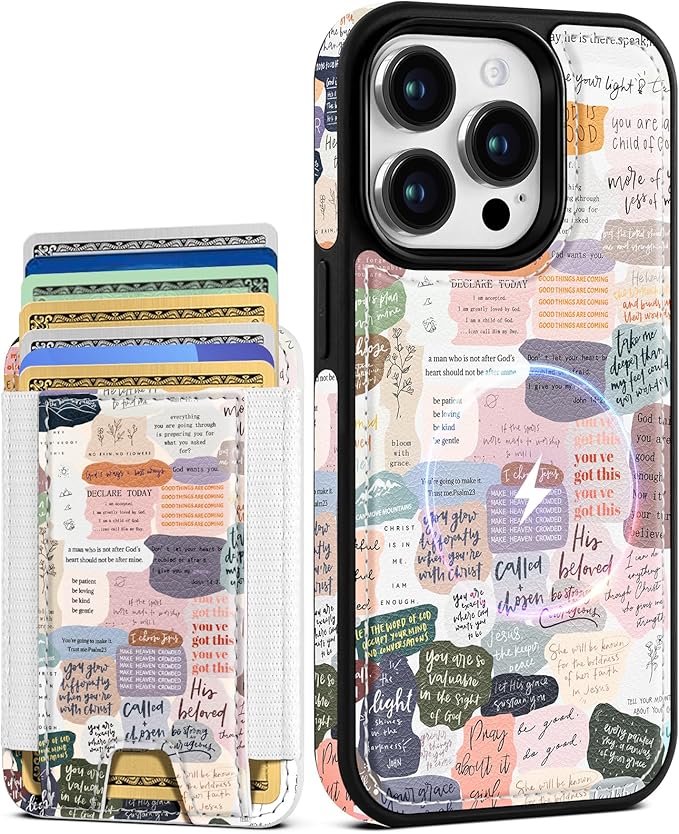 Shorogyt for iPhone 14 Pro Case Wallet - Fits 5 Cards, Compatible with Magsafe Detachable Magnetic Credit Card Holder Leather Cardholder Cute Phone Cover Women Girls for Apple 14Pro, Collage