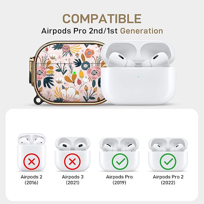 Maxjoy for AirPods Pro 2nd/1st Generation Case with Lock, Flower AirPods Pro 2 Case Lock Protective Hard Cute AirPod Pro Cover for Women Men with Keychain for Airpod Pro (2023/2022/2019)