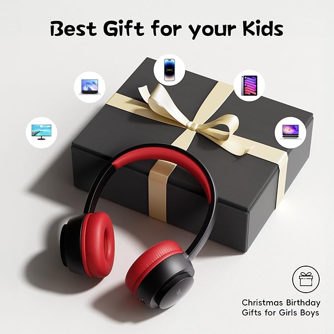 gorsun Kids Bluetooth Headphones, Toddler Headphones 85 dBA Safe Volume, 45 Hours Playtime, with Mic, Bluetooth 5.3, Kids Wireless Headset for iPad/Tablet/Travel/School, ldeal Gift (Black/Red)