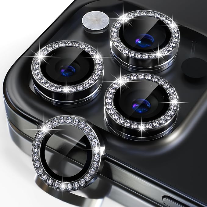 Misea Compatible for iPhone 15 Pro/iPhone 15 Pro Max Camera Lens Protector Bling, 9H Tempered Glass Camera Cover Screen Protector Metal Individual Ring Protector Decoration Accessories, Black Diamond