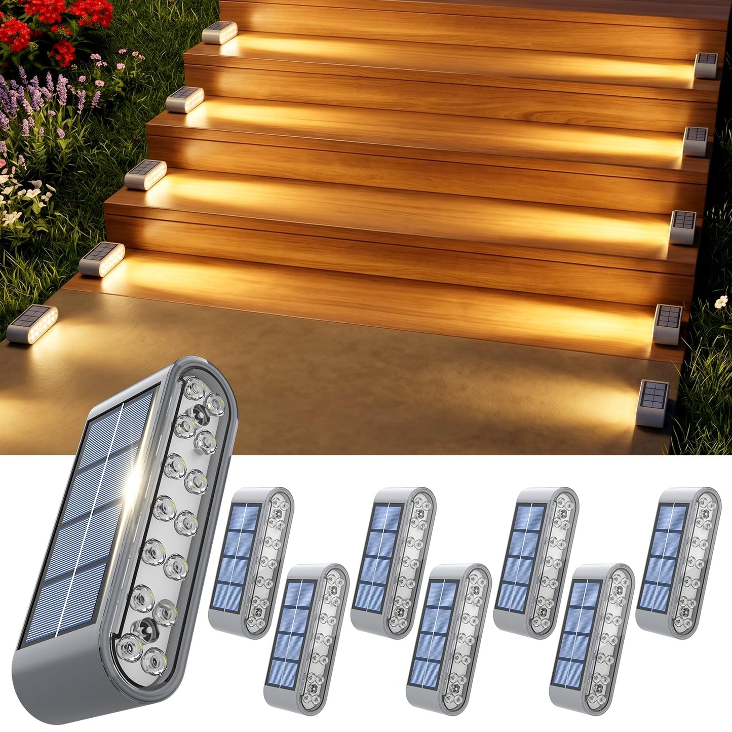 Solar Step Lights Outdoor — 8-Pack Waterproof 3000K Warm - Image 1