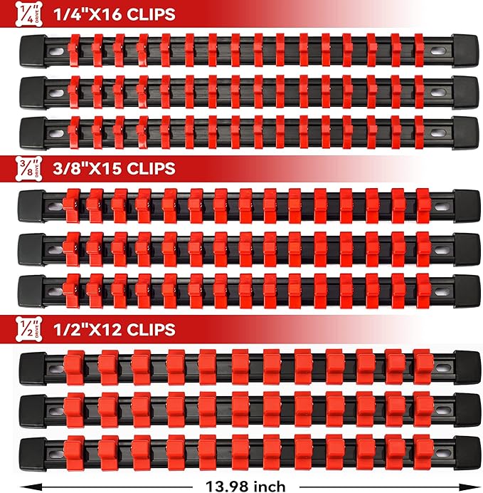 ALOANES 9PC ABS Socket Organizer, Socket Rails Fit 1/2 inch, 3/8 inch and 1/4 inch Drive, Heavy Duty Socket Holders Hold up to 129 Sockets, Black Rails with Red Clips