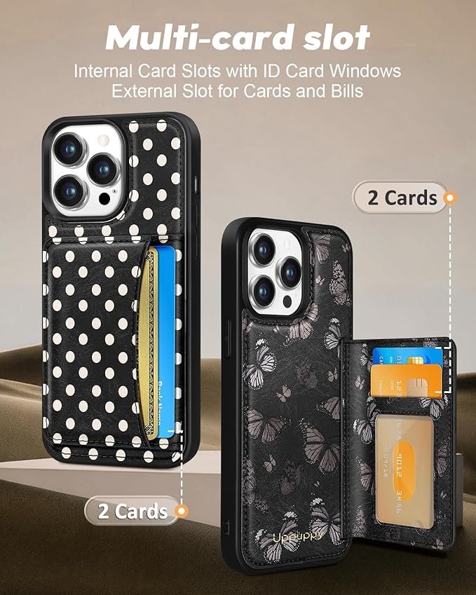 for iPhone 13 Pro Max Case with Wallet - Fits 4 Card Slots, Compatible with MagSafe for Women Aesthetic PU Leather Credit Card Holder Kickstand Phone Cover for Apple 13 Promax, Black Butterfly