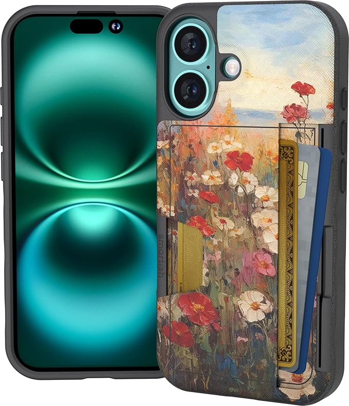 Smartish® iPhone 16 Wallet Case - Wallet Slayer Vol. 2 [Slim + Protective] Credit Card Holder w/Kickstand - Drop Tested Hidden Card Slot Cover Compatible w/Apple iPhone 16 - Wildflower Fields