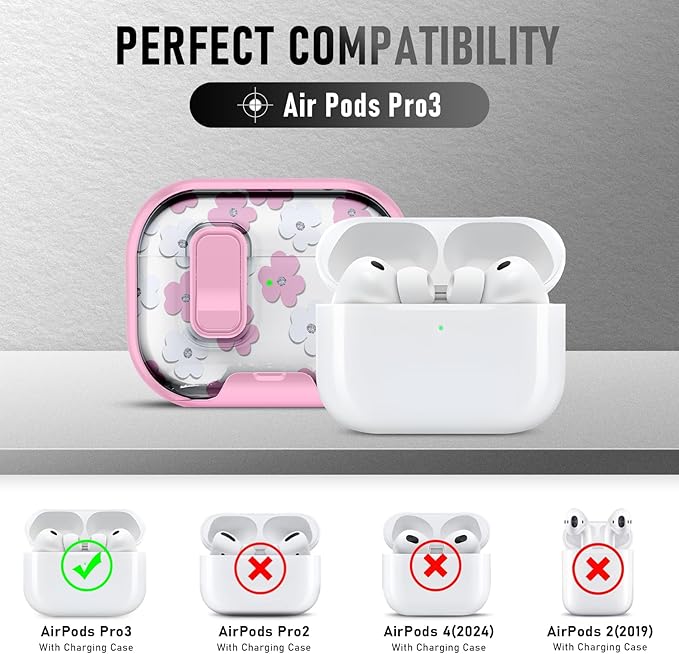 Compatible Airpods Pro 3 Case (2025) with Phone Stand & Cleaner Kit,Cute Flower Print Soft Silicone Lock Clip Apple AirPods Pro 3rd Generation Case, Airpod Pro 3 Cover with Keychain for Women/Girls