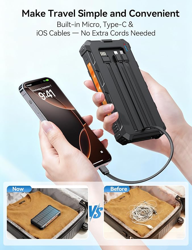 Solar-Charger-Power-Bank - 20000mah Solar Powered Battery Charger Cell Phone,20W Fast Charging Built in Cables,Camping Essentials Portable External Battery Pack Compatible with Multiple Devices