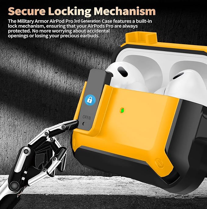 for Airpods Pro 3 Case with Lock Clip, Rugged Apple Airpods Pro 3rd Generation Cover 2025 Men Women, Armor Shockproof iPod Pro3 Gen Protective Hard Shell with Carabiner&Cleaner kit,Black/Yellow