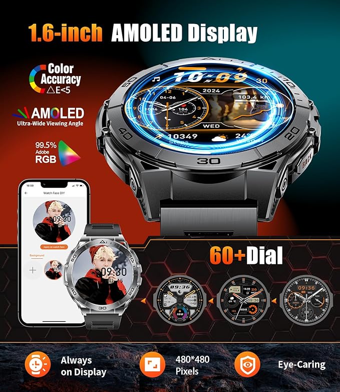 SUNKTA Military Smart Watch for Men,600mAh Battery/1.6" AMOLED Screen/5ATM Waterproof Smartwatches (Answer/Dial Calls) Fitness Tracker with Sleep Tracking/Heart Rate/Blood Oxygen for Android/iOS