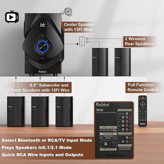 Bobtot Surround Sound Systems Wireless Rear Satellite Speakers - 800W 6.5inch Subwoofer 5.1/2.1 Channel Home Theater Systems with ARC Optical Bluetooth Input