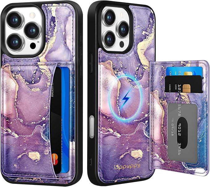 for iPhone 16 Pro Case with Wallet - Fits 4 Card Slots, Compatible with MagSafe for Women Aesthetic Durable PU Leather Credit Card Holder Kickstand Phone Cover for Apple 16 Pro, Purple Marble