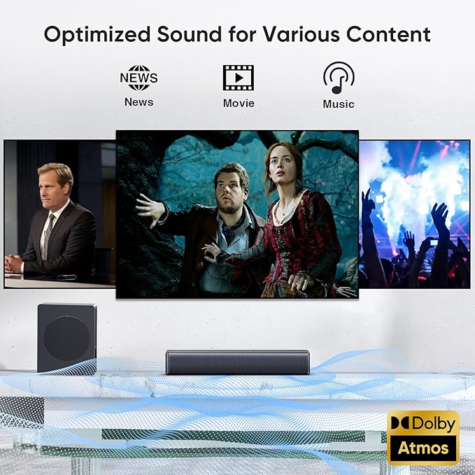 Sound bar with subwoofer, 200W 2.1 ch soundbar w/Dolby Atmos Surround Sound System, 3D Bass Adjustable Home Theater Bluetooth TV Speaker for Smart TV/Projector/PC