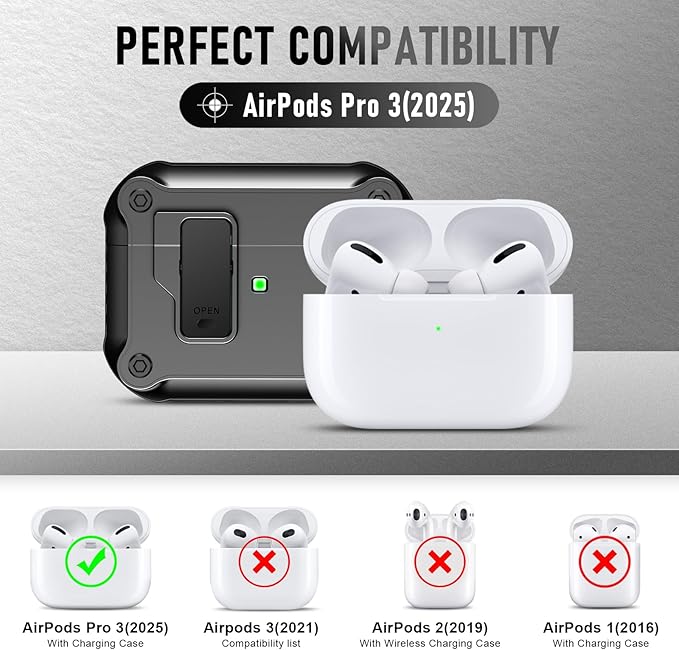 Maxjoy for Airpods Pro 3 Generation Case(2025), Secure Lock Clip Full Body Shockproof Hard Shell Protective Apple for Airpods Pro 3 Case Cover with Keychain Cleaner Kit for Men Women,Black