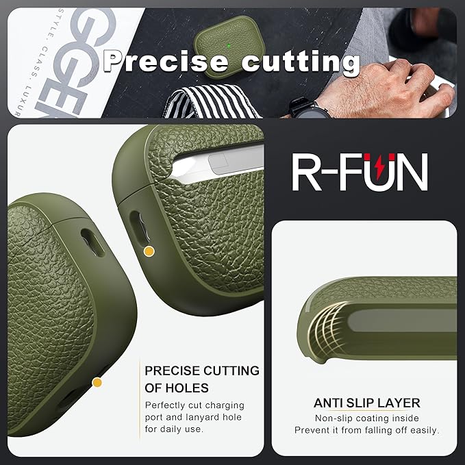 R-fun for AirPods Pro 3 Case 2025, Soft TPU (Leather-Like Design) Drop Protection Cover for Men and Women with Lanyard and Cleaner Kit, Compatible with Apple AirPods Pro 3rd Generation-Army Green