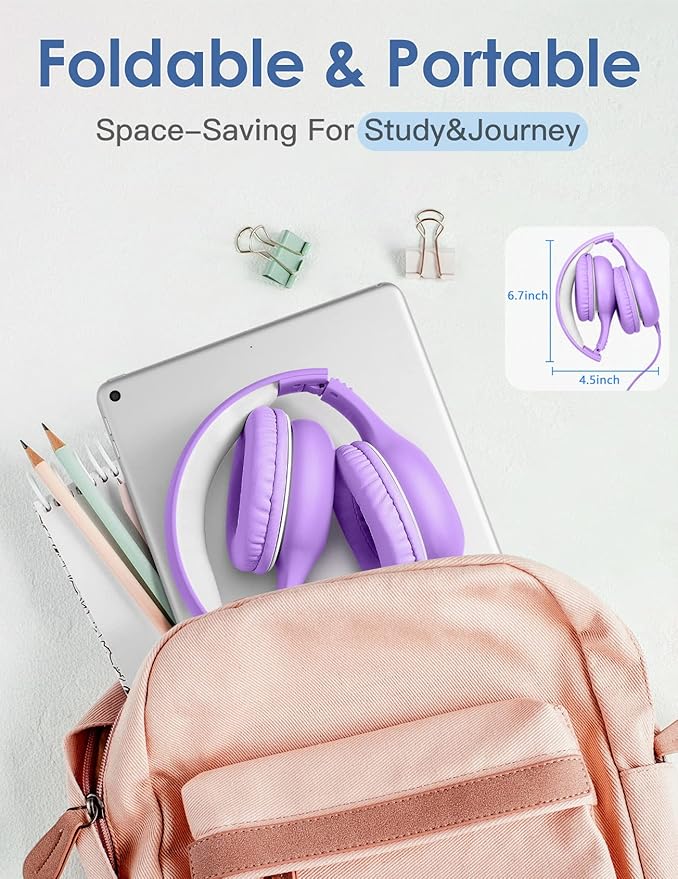 Headphones for Kids for School, Kids Headphones with Microphone, Sharing Function, 85dB/94dB Safe Volume Limit, HD Sound, Over Ear Kid Headphone for School, On-line Study, Travel, Violet