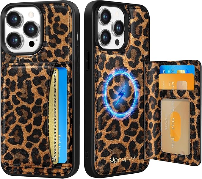 for iPhone 13 Pro Max Case with Wallet - Fits 4 Card Slots, Compatible with MagSafe for Women Aesthetic Durable PU Leather Credit Card Holder Kickstand Phone Cover for Apple 13 Promax, Leopard