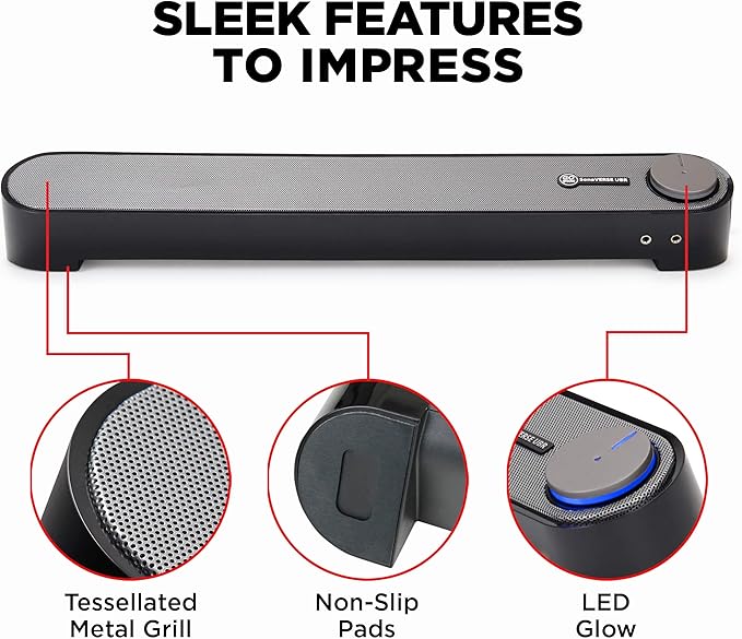 GOgroove Computer Speaker Mini Soundbar - USB Powered PC Sound Bar with Easy Setup Wired AUX, Stereo Audio, Microphone Port, Volume Control Knob, Under Monitor Design for Desktop (Black)