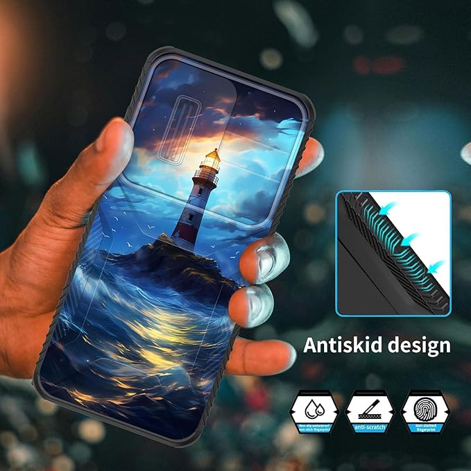 for Galaxy S26 Plus Case Built in Slide Camera Lens Cover,Heavy Duty Shockproof Protection Dual Layer Case for Samsung Galaxy S26 Plus 6.7" 2026,Lighthouse in Storm