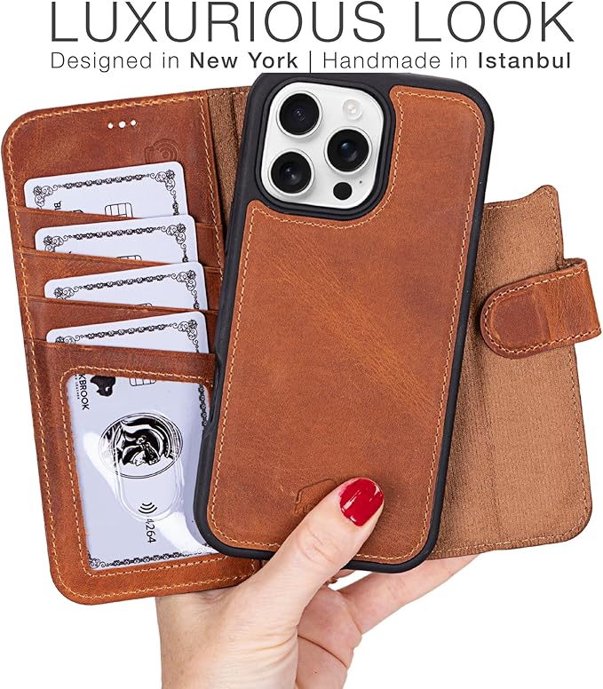BLACKBROOK Leather Wallet Case for iPhone 16 Pro, Carter Premium Leather Magnetic 2-in-1 Wallet Set, Ready for MagSafe, RFID Protection, 4 Card Slots & ID Pocket, Compatible with iPhone 16 Pro