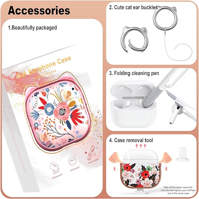 RFUNGUANGO AirPods 4 Case for Women Girly Cat Case with Lock, Phone Stand, Keychain & Cleaner Kit, Compatible with Apple Airpods 4th Generation Case Cover, Rose Gold Flower